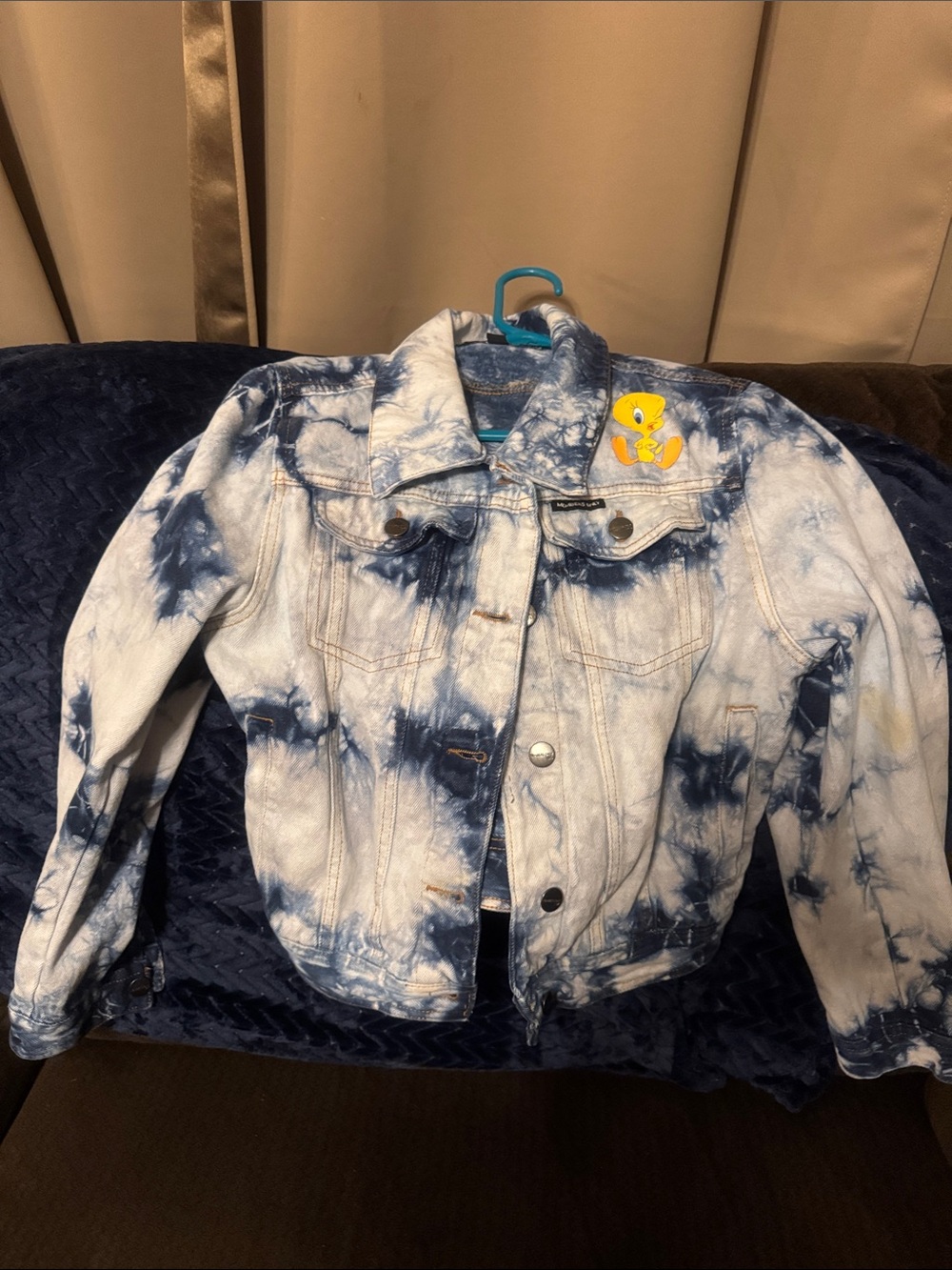 Warner Bros. Blue and White Tie-Dye Denim Jacket with Tweety Patch